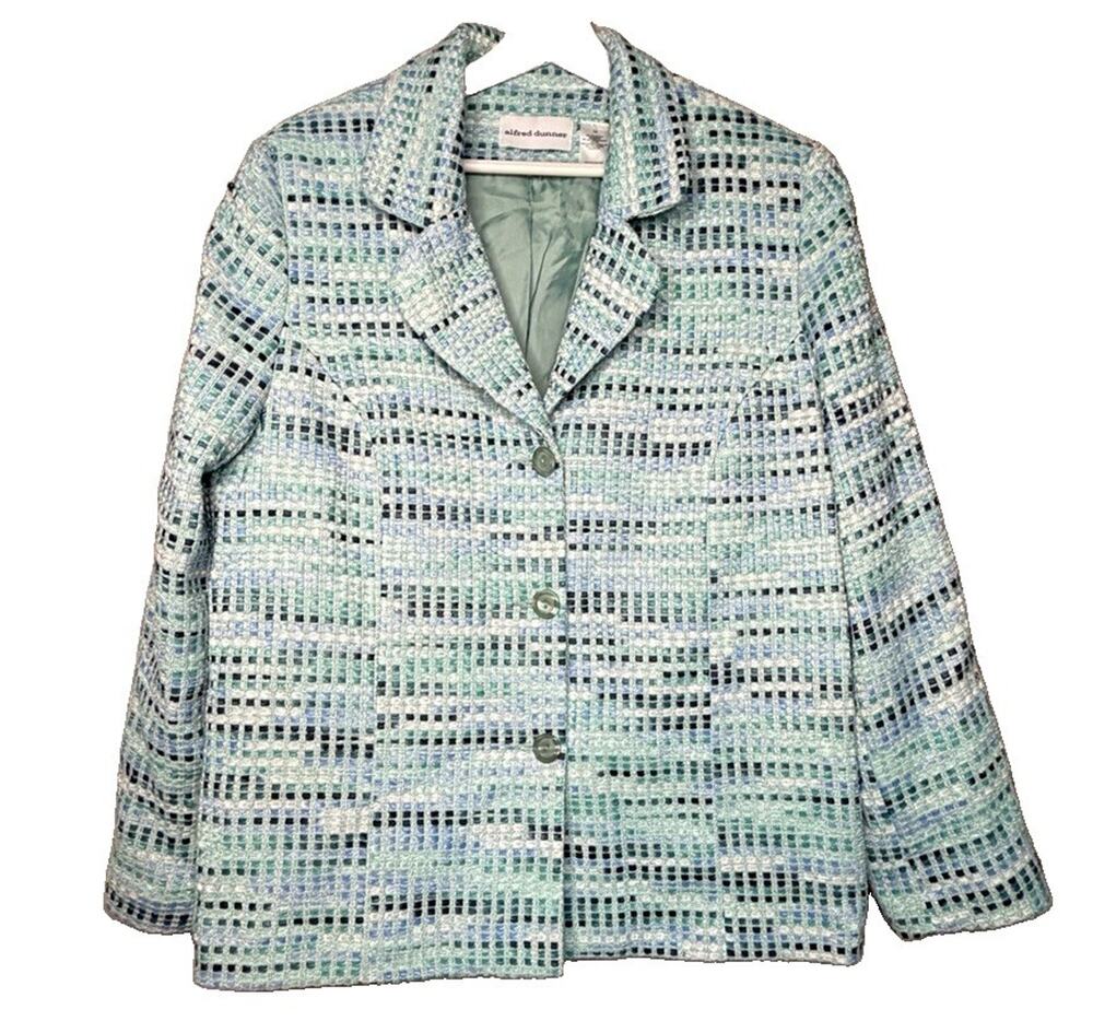 Alfred Dunner Pastel Tweed Blazer Jacket Blue Green Textured Size 14 Grandmacore